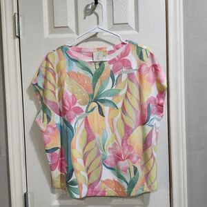Sioni Womens‎ Tropical Floral Knit Top Pink Yellow Green Dolman Short Sleeve L
